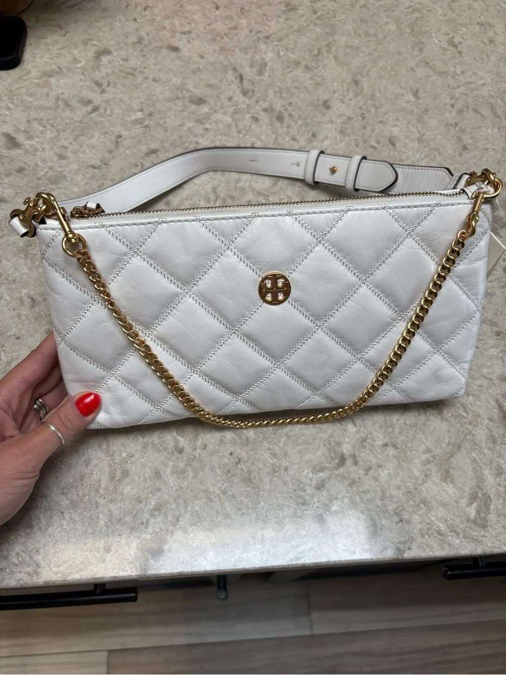 Tory Burch Quilted White Leather Crossbody with Gold Chain Willa